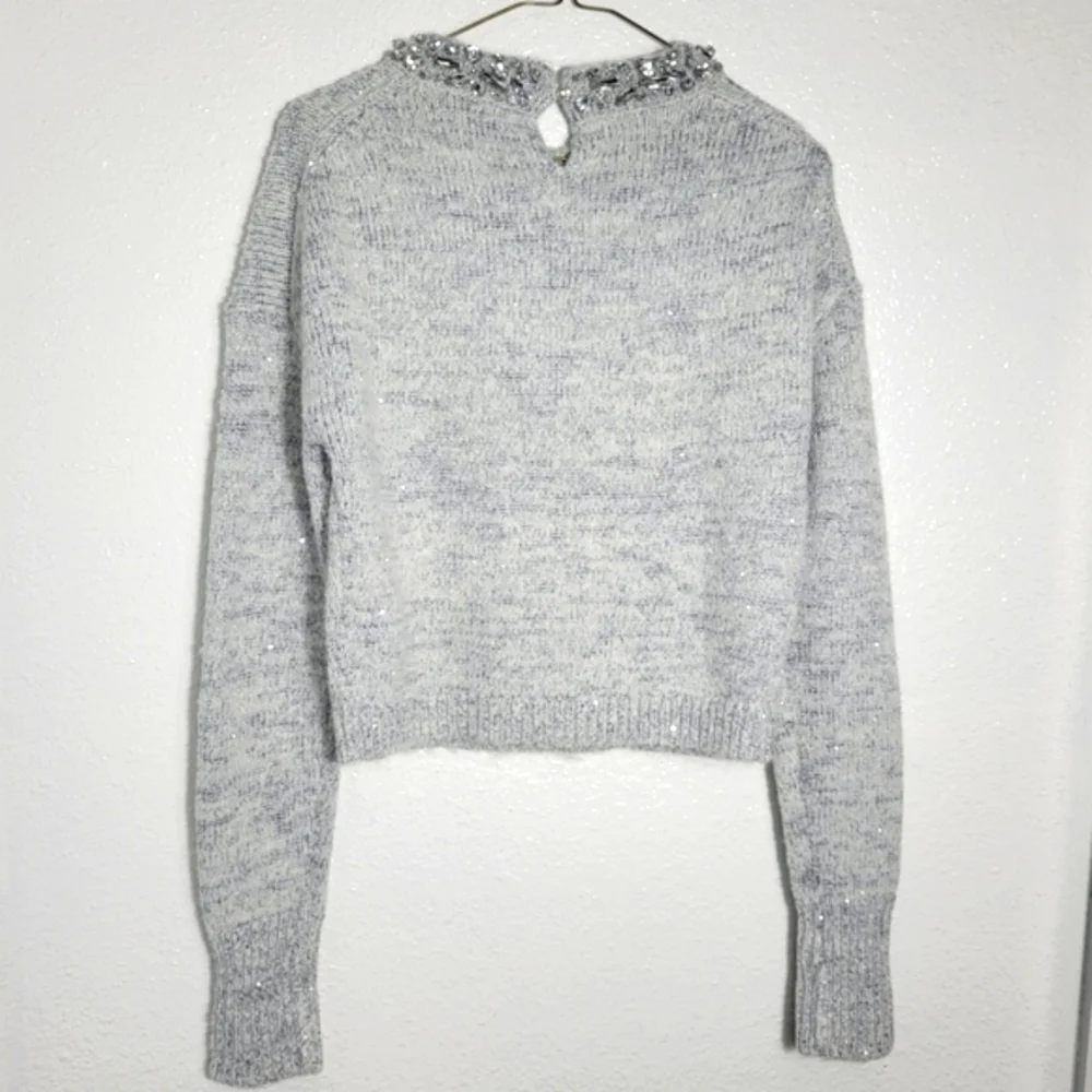 J Crew Embellished pullover Rhinestone Collar sweater XL Grey CE731